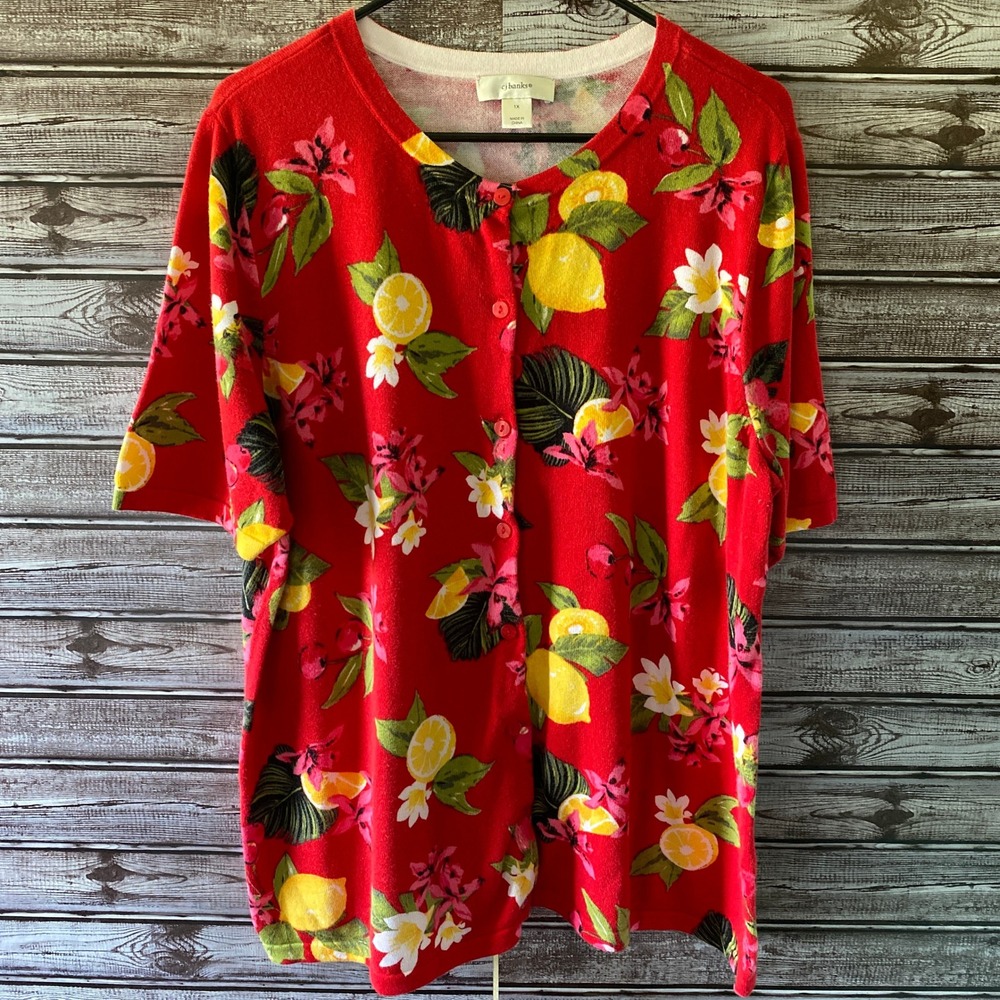 CJ Banks Women's Short-Sleeved Button-Down Sweater Size 1X‎ Red Lemon Floral